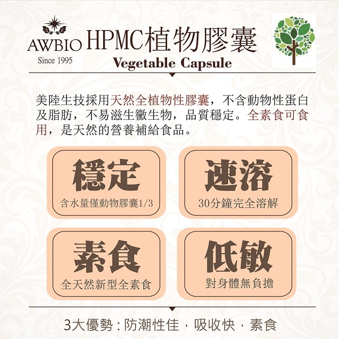 【美陸生技AWBIO】HPMC植物膠囊:美陸生技採用天然全植物性膠囊，不含動物性蛋白及脂肪，不易滋生黴生物，品質穩定。全素食可食用，是天然的營養補給食品。穩定:含水量僅度物膠囊的三分之一、速溶:30分鐘完全溶解、素食:全天然新型全素食、低敏:對身體無負擔。3大優勢:防潮性佳、吸收快、素食。